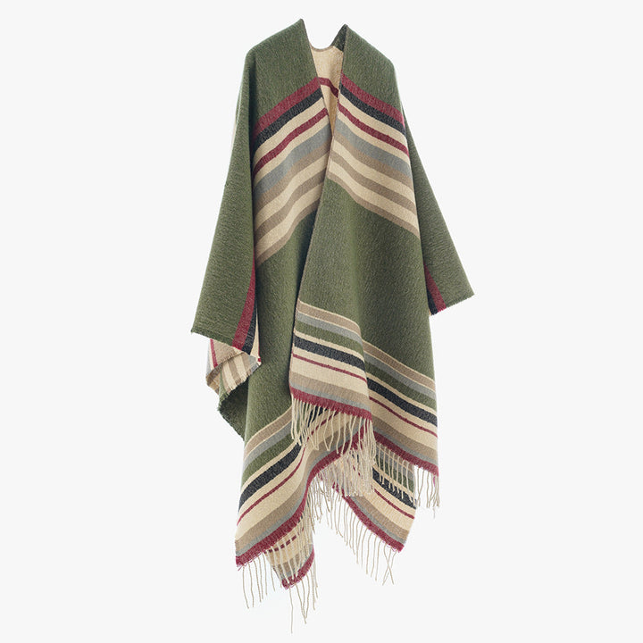 Dam Oversize Blanket poncho tillverkad av ullblandning med randig kant och Fringes