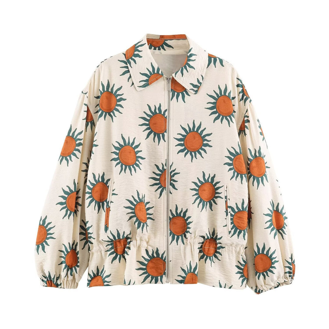 Dam Lätt Printed Blouson Jacka med Sun Design, Drawstring Waist och Dragkedja