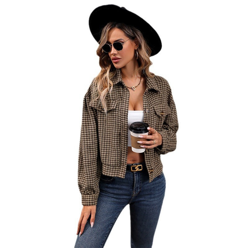 Dam Kort Oversized Shacket med Houndstooth Mönster, Bröst Fickor &amp; Knapplist