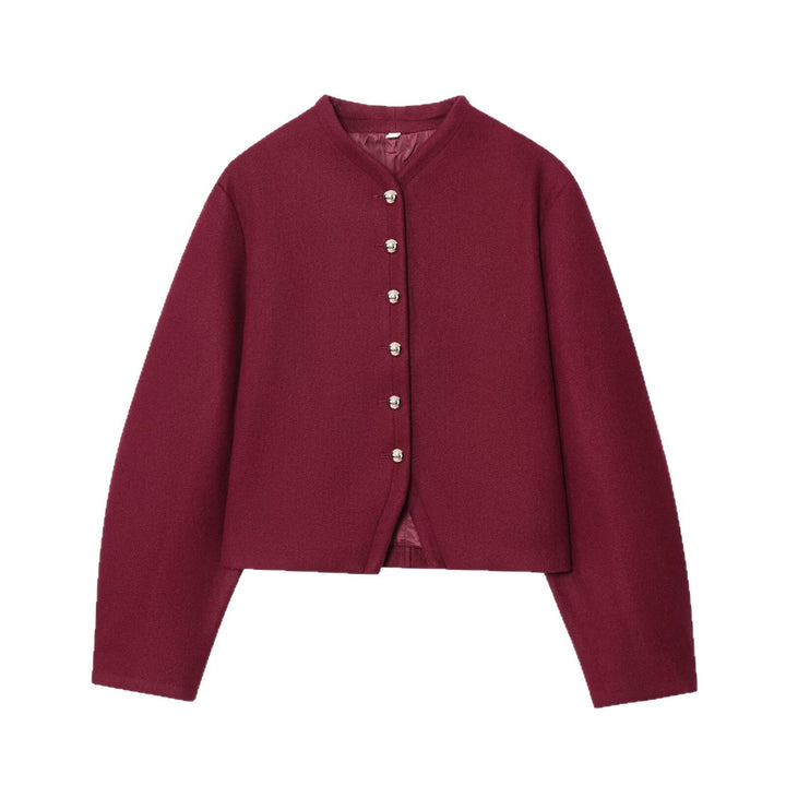Dam Kort Boxig Ull Blend Jacka med Round Neck och Dekorativ Metal Knappar