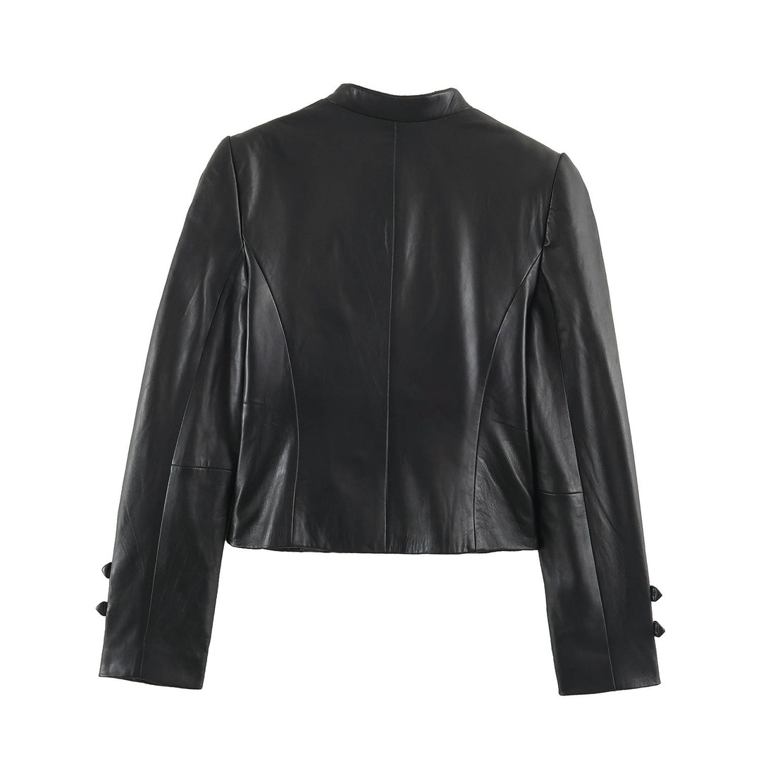 Dam Kort Jacka i Läderlook i Military-Inspired Design med Stå Krage och Dekorativ Knappar