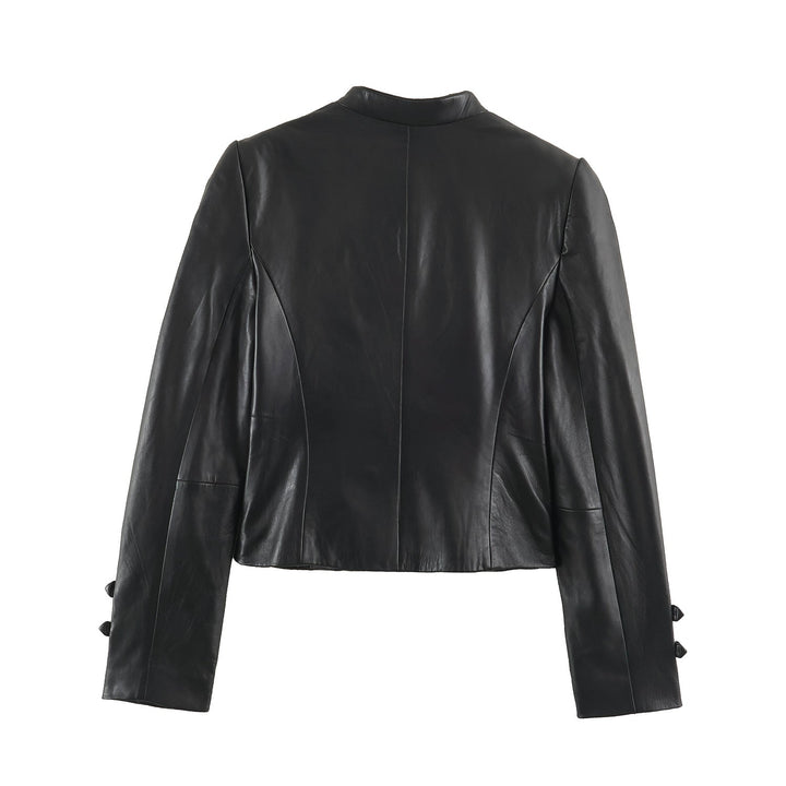 Dam Kort Jacka i Läderlook i Military-Inspired Design med Stå Krage och Dekorativ Knappar