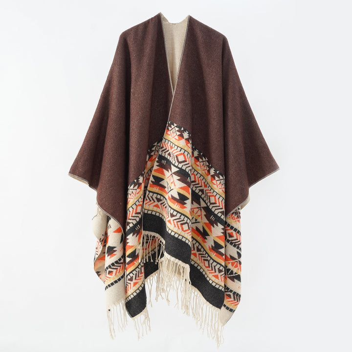 Dam V-krage Wrap poncho i kimono stil med Ethno kant och fransfåll
