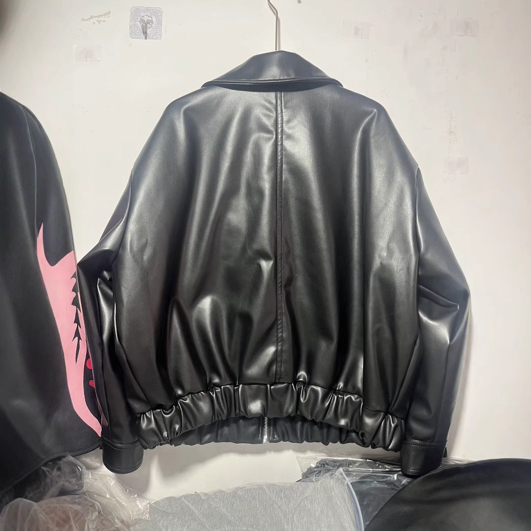 Dam Boxy konstläder blousonjacka med hel dragkedja, Flap fickor, och bred skjortkrage