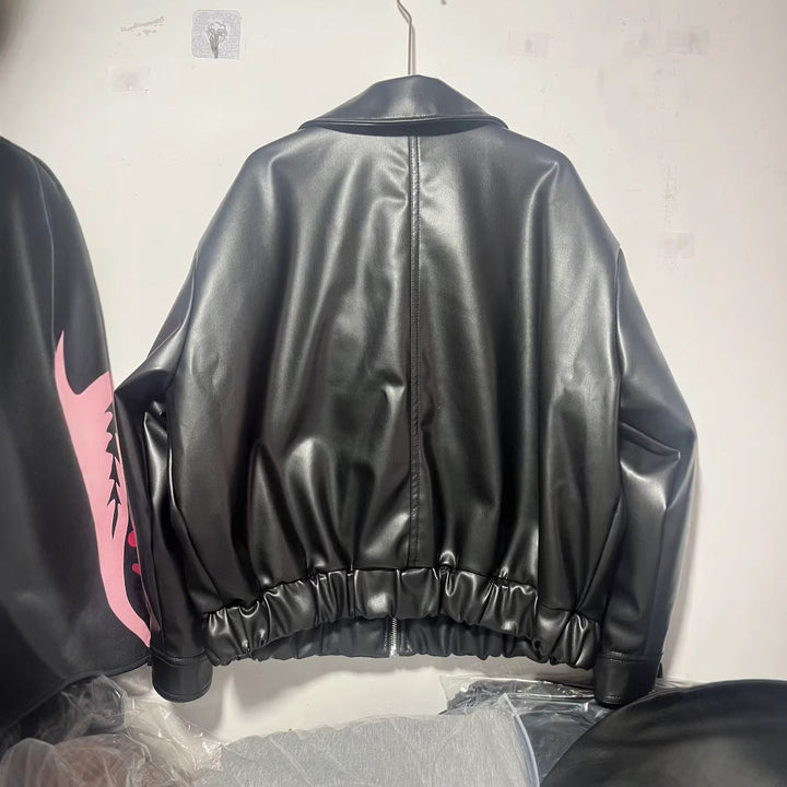 Dam Boxy konstläder blousonjacka med hel dragkedja, Flap fickor, och bred skjortkrage
