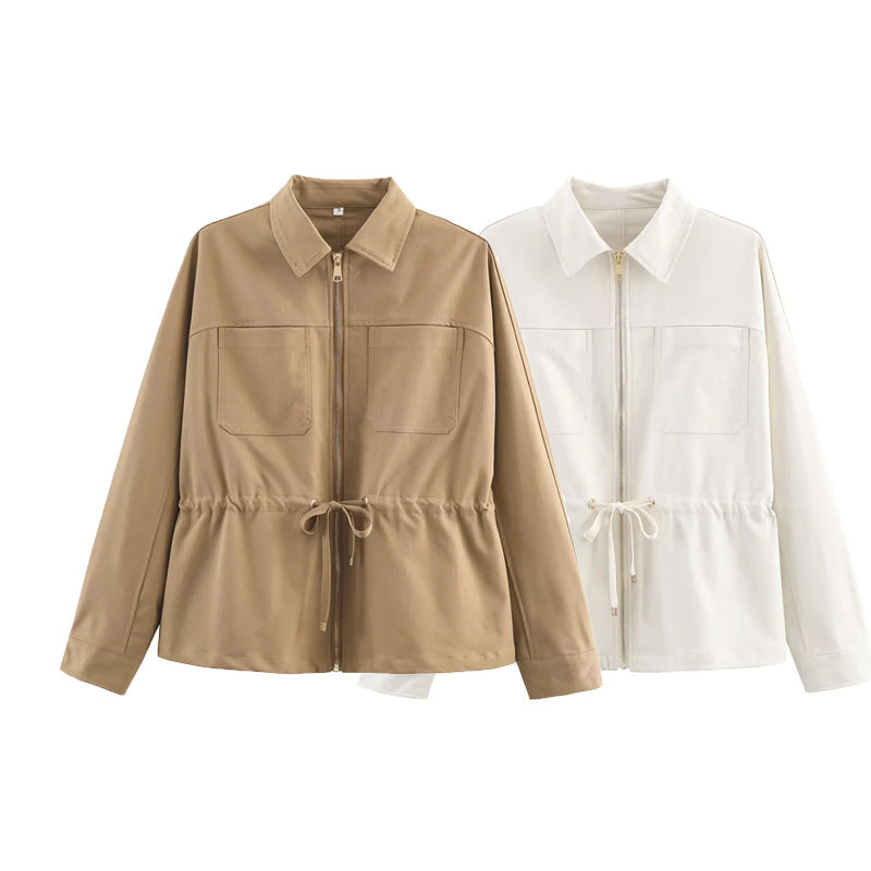 Dam lätt shirt jacka med drawstring waist, full-length dragkedja, och patch bröstfickor