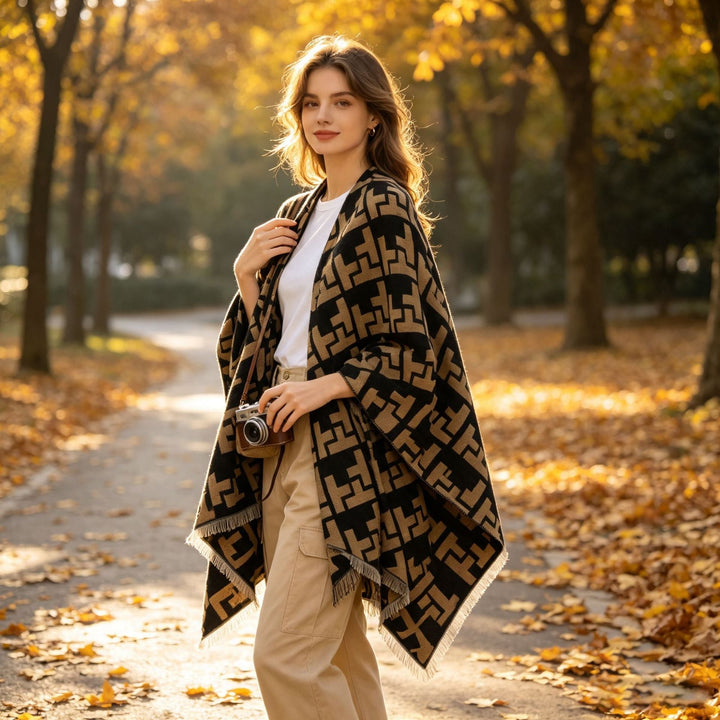 Dam Oversize Jacquard capeponcho tillverkad av ullblandning med geometric mönster och fringes