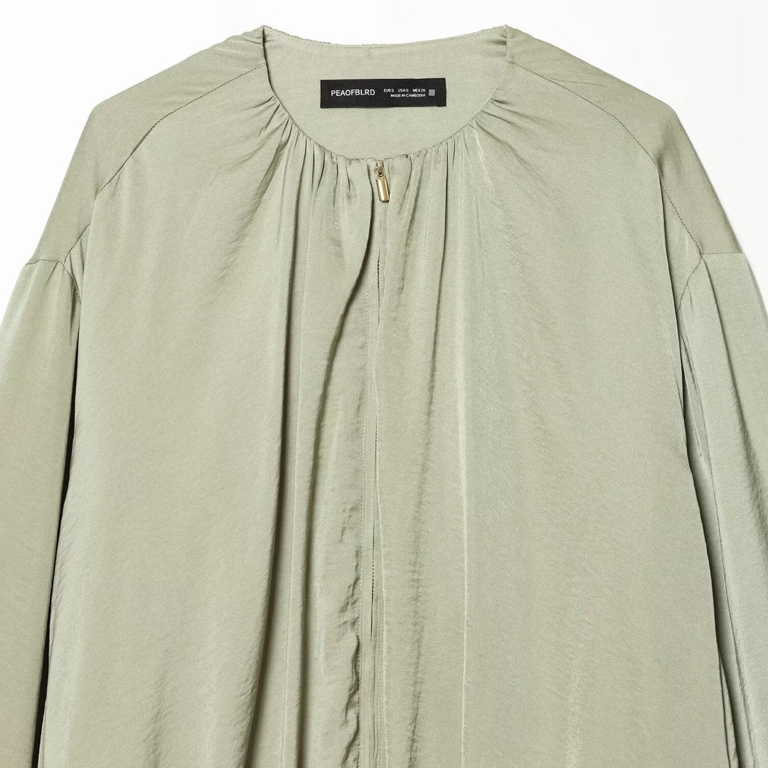 Dam lätt kort Blouson jacka med Round Neck, Balloon ärmar, och fåll med dragsko