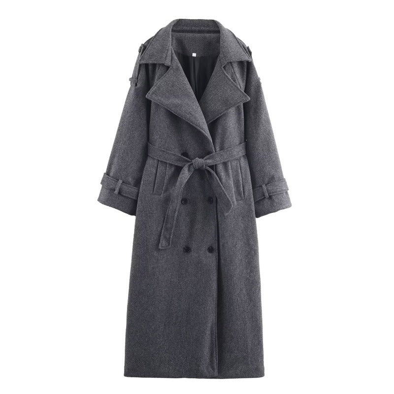 Dam Lång Dubbel-Breasted Ullblandning Trenchcoat med Bälte och Breda Slag