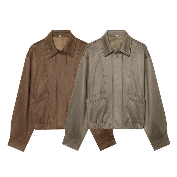 Dam Kort Boxig Blouson i Suede Look med Lock Fickor