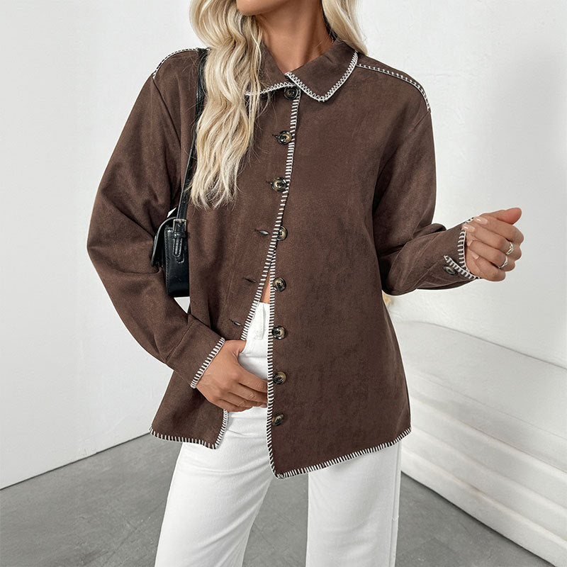 Dam Elegant Skjortjacka Tillverkad av Suede Läder Imitation