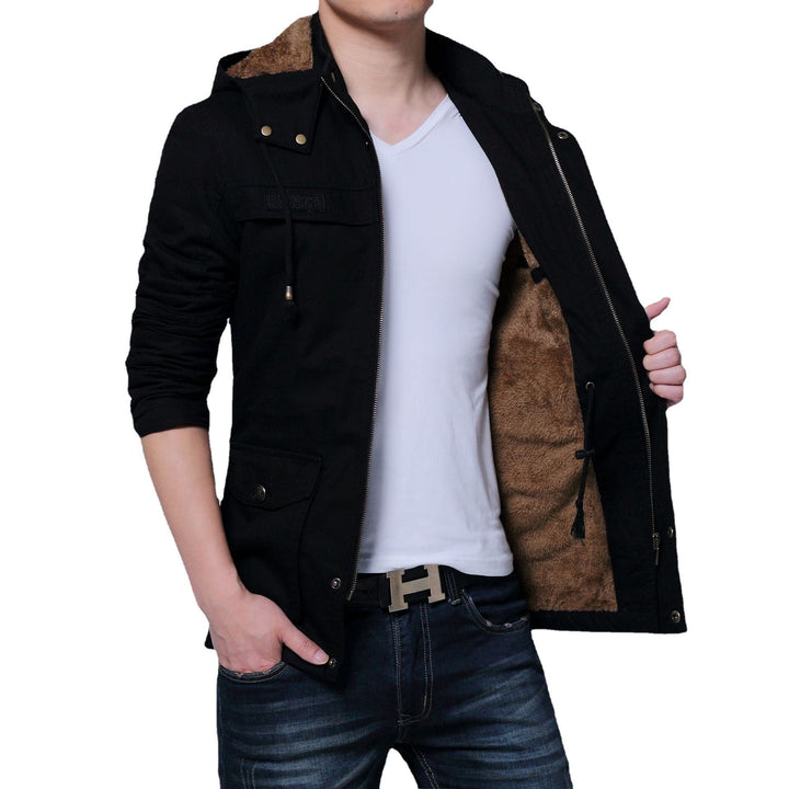 Herr Canvas Parka med Fodrad Huva, Multifunctional Fickor och Dold Dragkedja