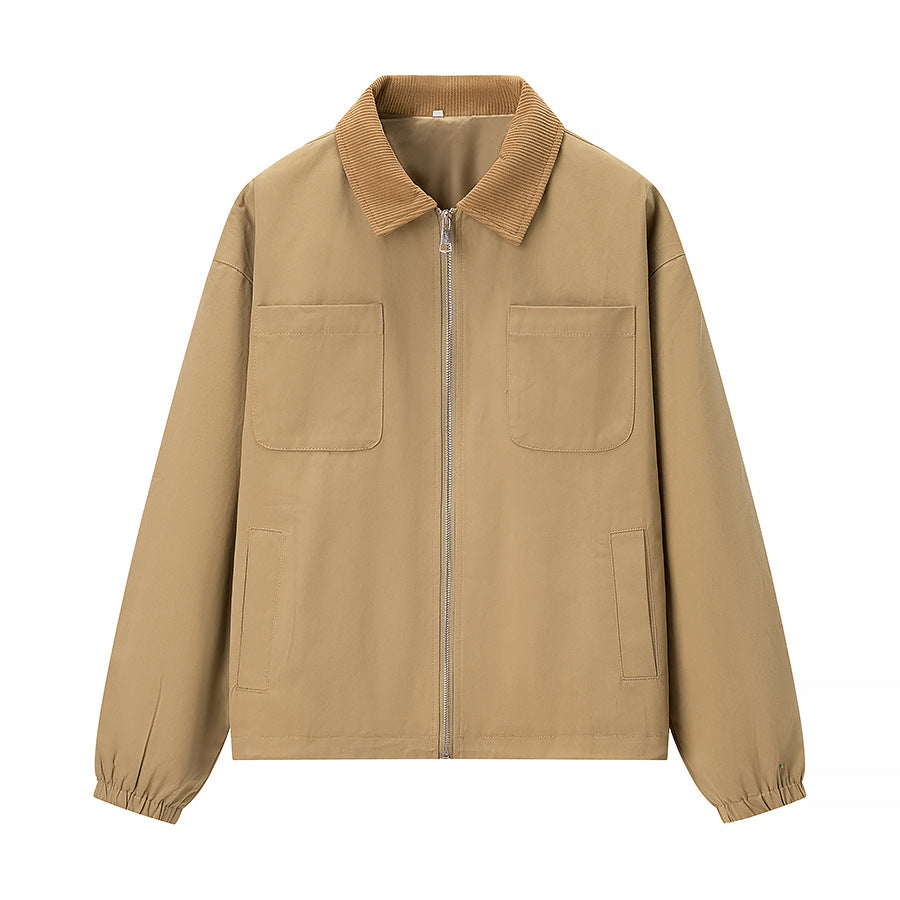 Dam kort jacka in workwear stil med cord krage, dragkedja och patch bröstfickor