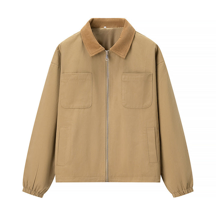 Dam kort jacka in workwear stil med cord krage, dragkedja och patch bröstfickor