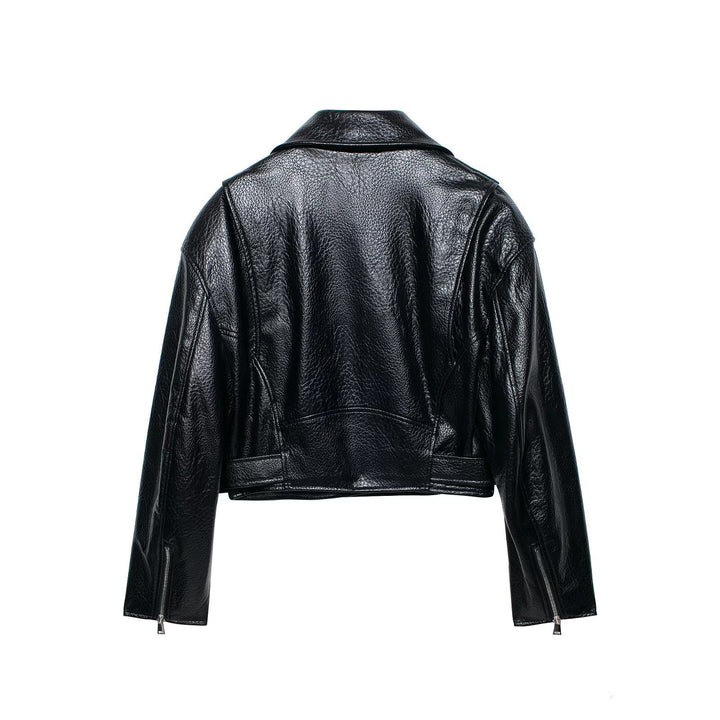 Dam Kort Skärning Biker Läder Jacka med Fitted Belt, Asymmetrisk Dragkedja, och Textured Läder
