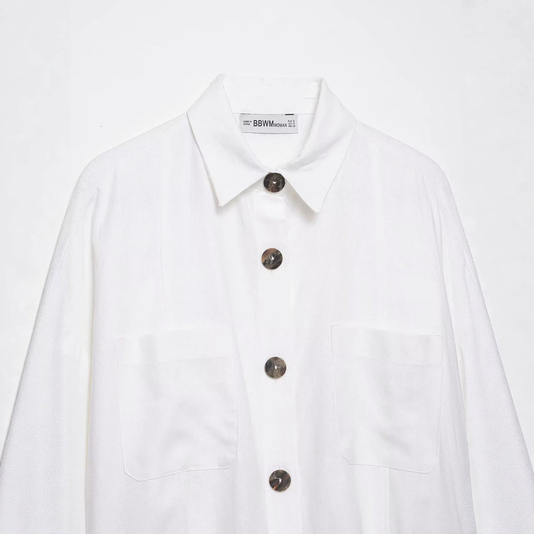 Dam Oversize Skjortjacka med Wide Kimono Ärmar och Stora Horn Knappar