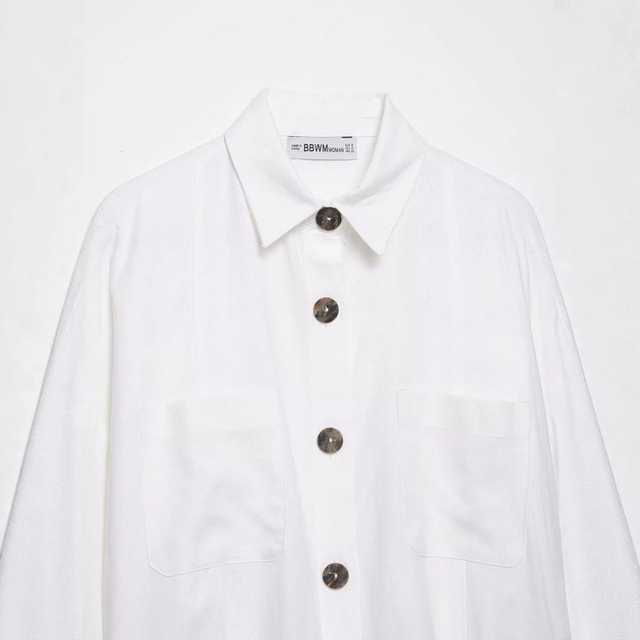 Dam Oversize Skjortjacka med Wide Kimono Ärmar och Stora Horn Knappar