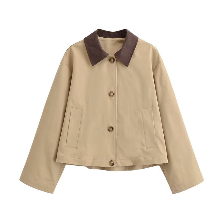 Dam Kort Skärning Blouson Jacka med Contrast Krage och Avslappnad Boxig Silhuett