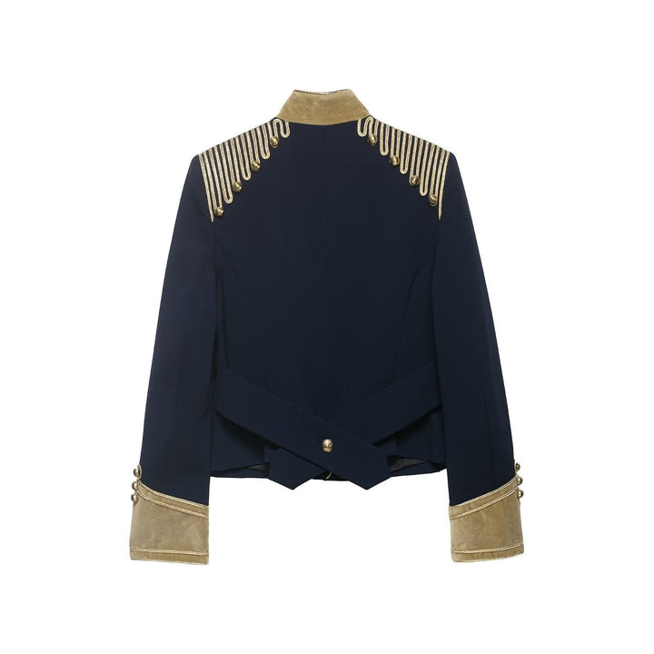 Dam Kort Military Jacka i Parade Look med Guld Cord Decoration och Velvet Muddar