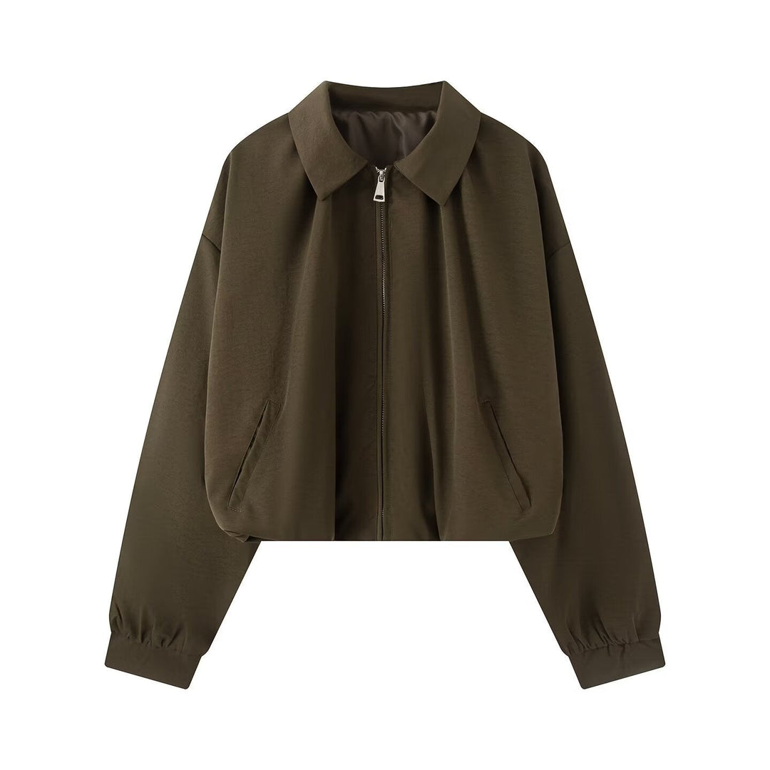 Dam Kort Boxig Jacka i Oversize Look med Skjort Krage, Dragkedja och Elastic Muddar