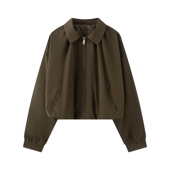 Dam Kort Boxig Jacka i Oversize Look med Skjort Krage, Dragkedja och Elastic Muddar