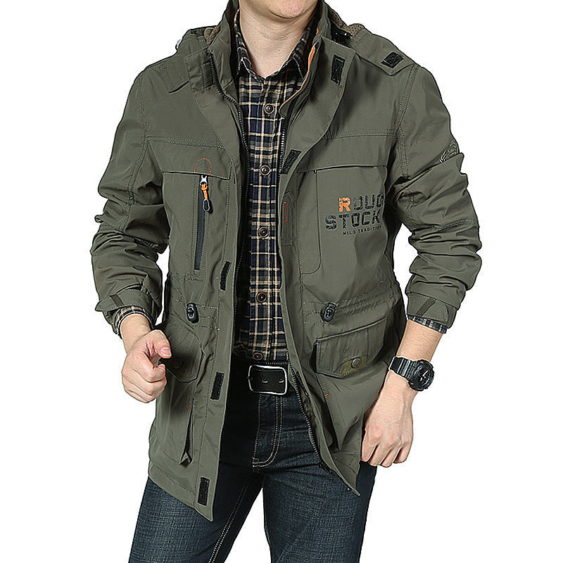 Herr Lätt Utility Fält Parka med Huva, Multi-Pockets och Justerbar Dragsko Midja