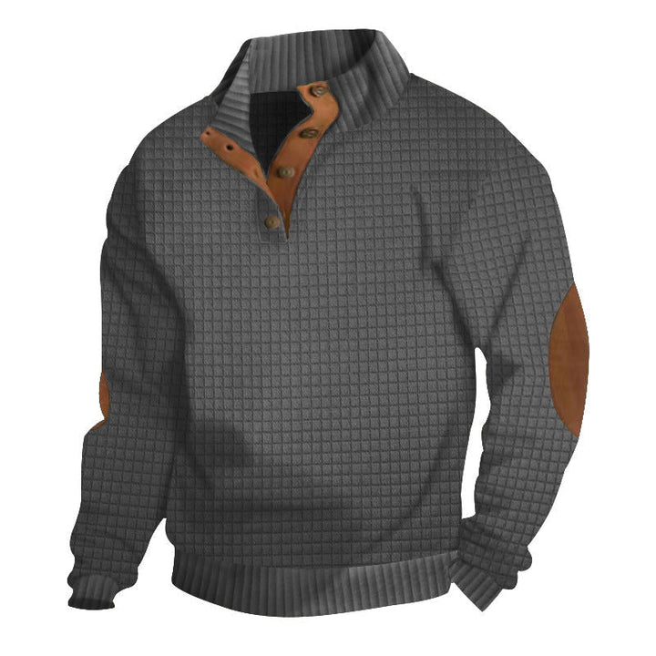 Herr Strukturerad Waffle Stickad Henley Tröja med Läder Kant &amp; Elbow Lappar