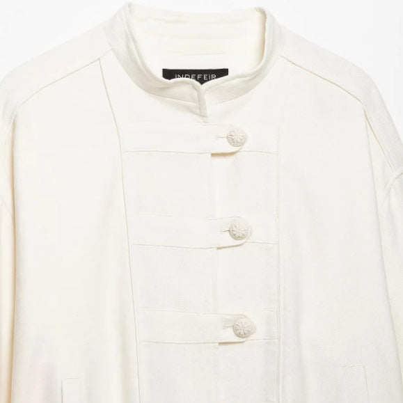 Dam Tailored Suede Jacka i Military Look med Stå Krage, Lock Fickor och Dold Knapp Knäppning