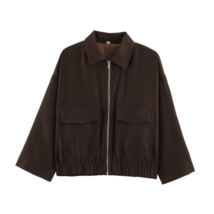 Dam Boxy kort Utility jacka med dragkedja Flap fickor och Elastic fåll