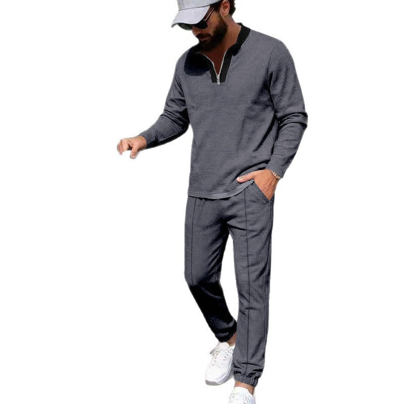 Herr Lätt Henley Loungewear Set med Contrast Krage, Dragsko Joggingbyxor och Elastiska Muddar