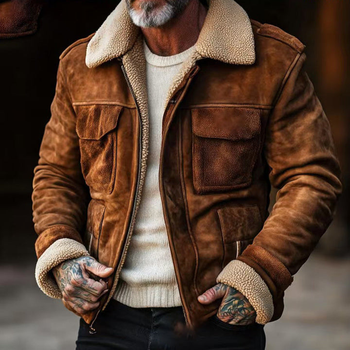 Herr Flight Jacka Tillverkad av Suede Läder med Teddyfoder och Utanpåfickor