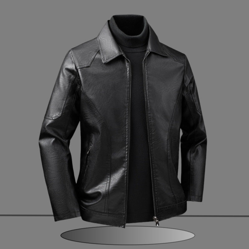 Herr Elegant Slim-Fit Läder Look Blouson Jacka med Skjorta Krage, Vertical Decorative Sömmar, och Dold Dragkedja