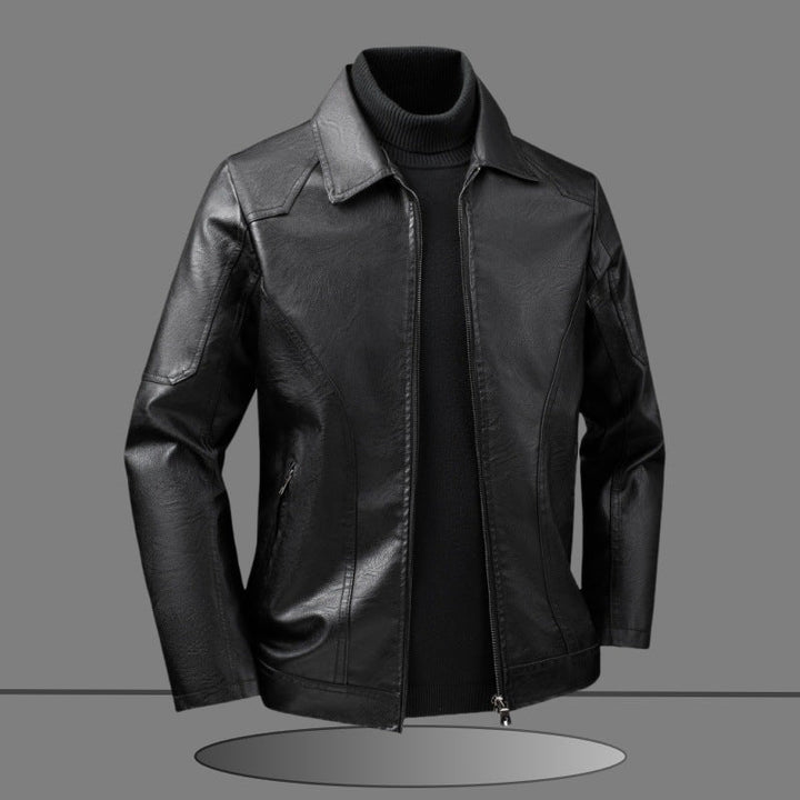 Herr Elegant Slim-Fit Läder Look Blouson Jacka med Skjorta Krage, Vertical Decorative Sömmar, och Dold Dragkedja