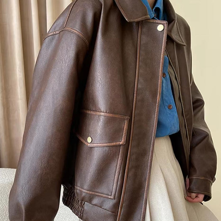 Dam oversize konstläder Blouson med skjortkrage, Flap fickor och dold dragkedja Placket