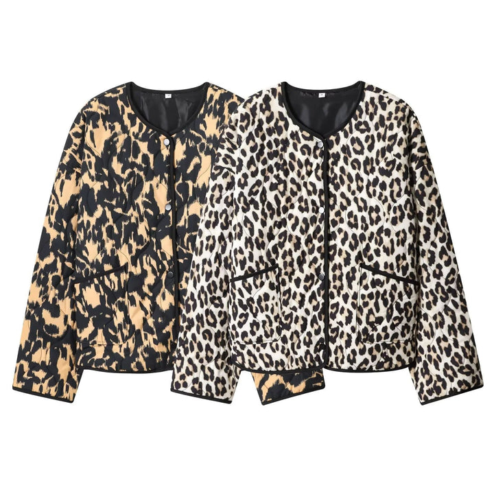 Dam non-quiltad kort jacka med djurprint, round neckline och snap knäppning