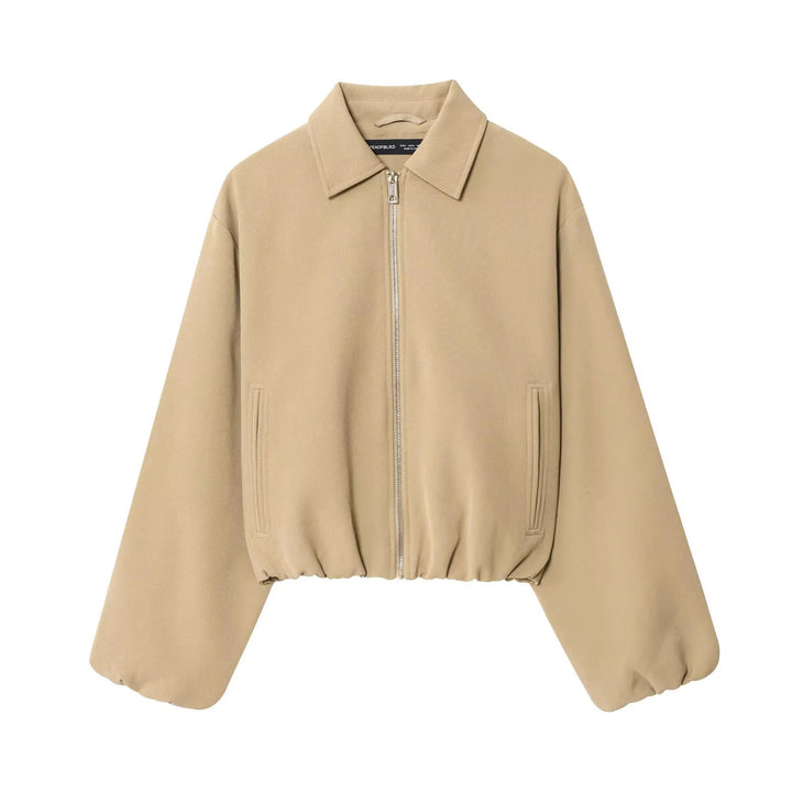 Dam cropped blousonjacka med skjortkrage, concealed metal dragkedja, och elastisk fåll
