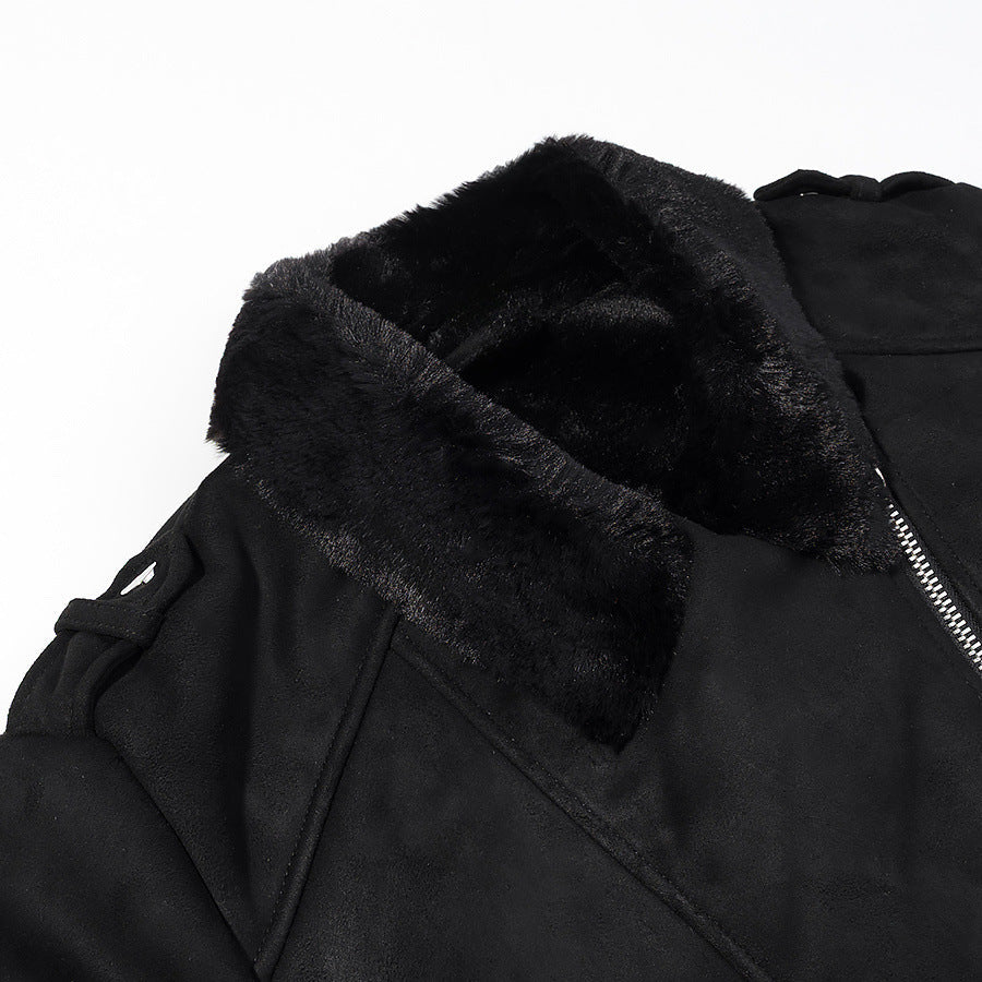 Dam kort bikerjacka med Faux Fur krage och mocka look