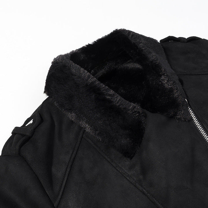 Dam kort bikerjacka med Faux Fur krage och mocka look