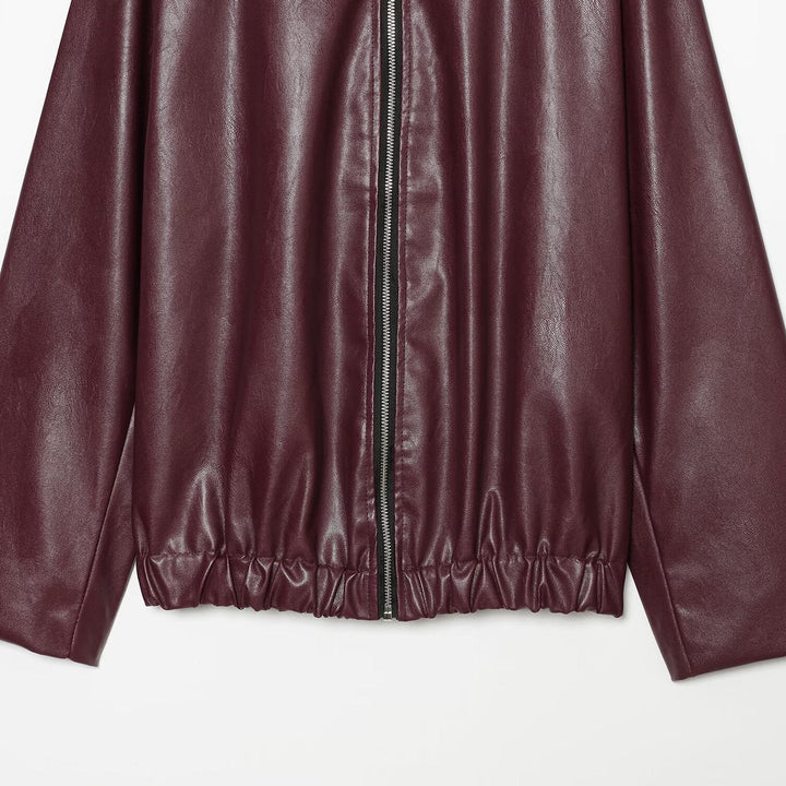 Dam kort skuren konstläder Blouson med dragkedja och Gathered fåll