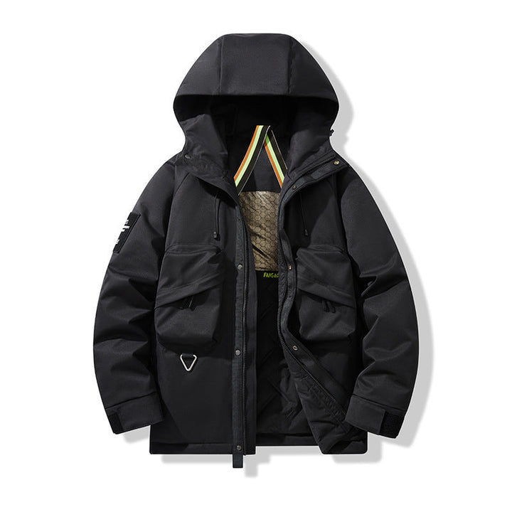 Herr Technical Utility Parka med Huva, Multifunctional Fram Fickor och Termisk Foder