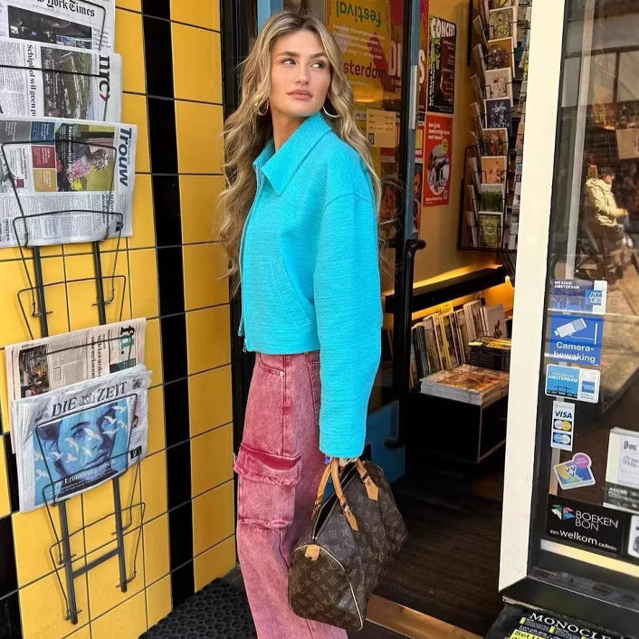 Dam cropped boxy tweed jacka med skjortkrage, concealed dragkedja och piped fickor