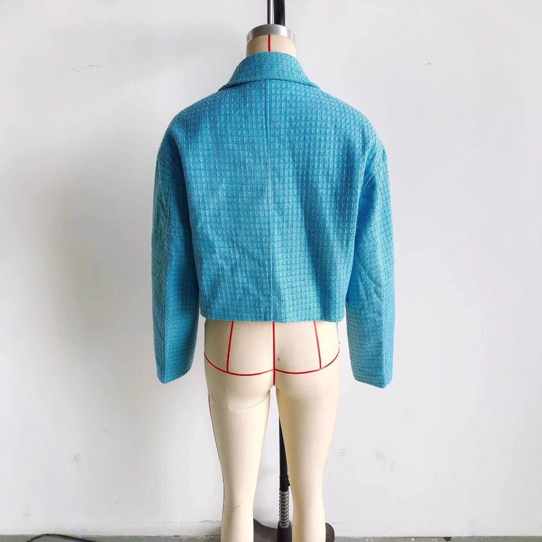 Dam cropped boxy tweed jacka med skjortkrage, concealed dragkedja och piped fickor