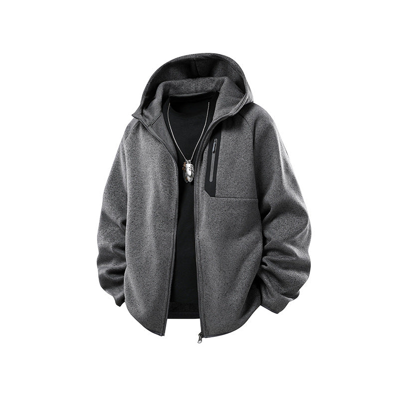Herr Oversized med Huva Fleece Jacka med Melange Structure, Hel-Length Dragkedja och Vertical Bröstficka