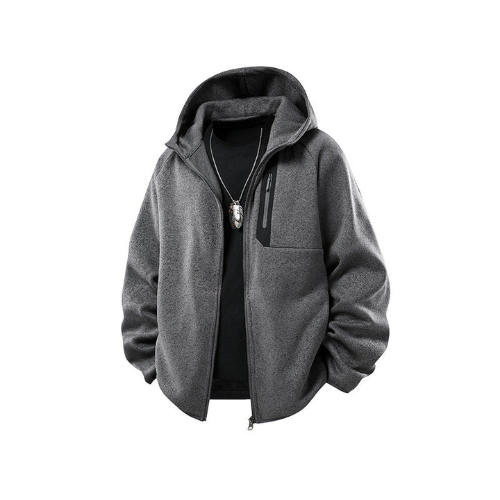 Herr Oversized med Huva Fleece Jacka med Melange Structure, Hel-Length Dragkedja och Vertical Bröstficka