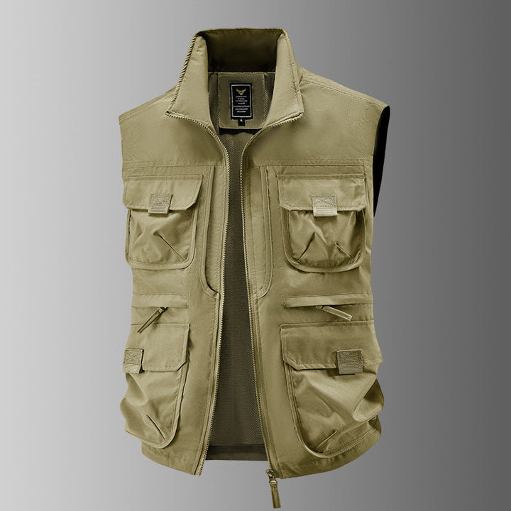Herr Multi-Pocket Utility Väst med Hög Krage Tvåvägsdragkedja och Mesh Foder