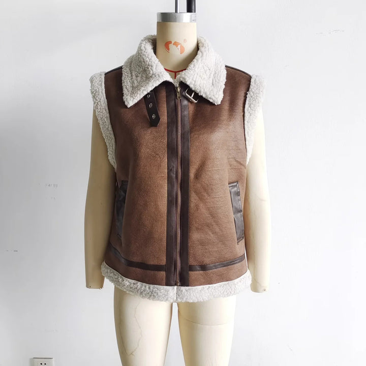 Dam figursydd faux fur väst med Sherpa krage, dragkedja och decorative bälte