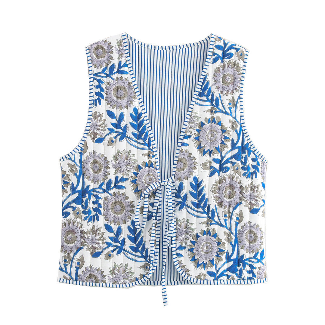 Dam kviltad Waistcoat med Toile tryck, randig foder och dragsko
