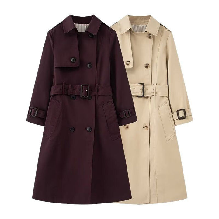 Dam Longer Skräddarsydd Trenchcoat med Dubbel-Breasted Knapplist, Midjebälte, och Ärm Tab