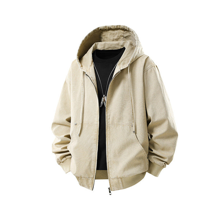 Herr Oversized Luvtröja Jacka Gjord av Washed Canvas med Dragkedja och Utility Fickor