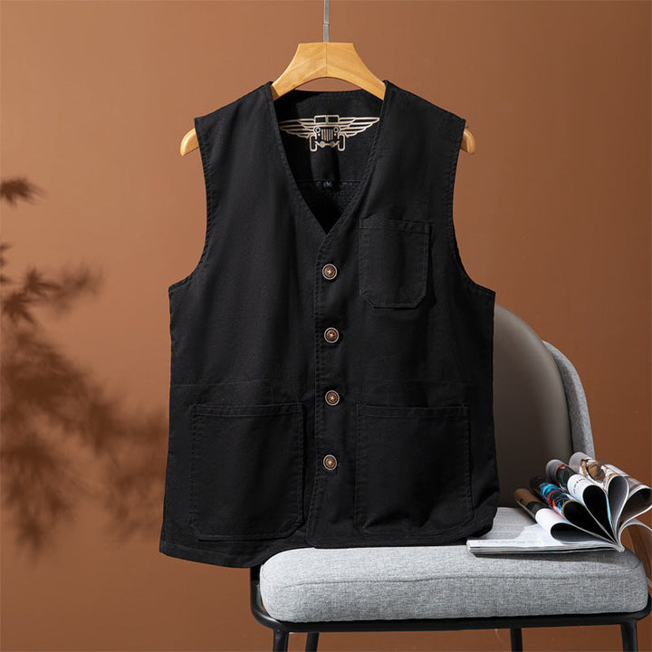 Herr Sleeveless Utility Canvas Väst med V-Neck, Knapplist, och Utanpåfickor